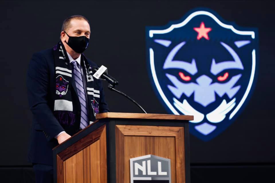 Guelph minor lacrosse graduate Bob Hamley, general manager and vice-president of operations of the Forth Worth-based Panther City Lacrosse Club, talks during the news conference to reveal the National Lacrosse League team's name and logo last month in Fort Worth, Tex. Submitted photo