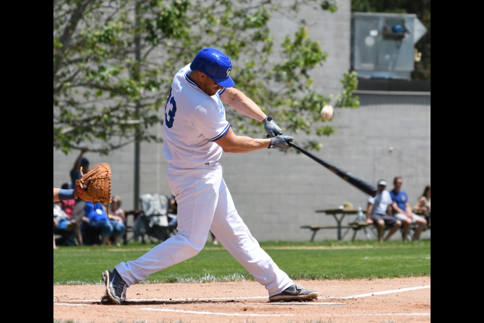 Sean Reilly connects for a home run for the Guelph Royals at Hastings Stadium during the 2019 IBL season. Reilly is playing for the Toronto Maple Leafs this season.