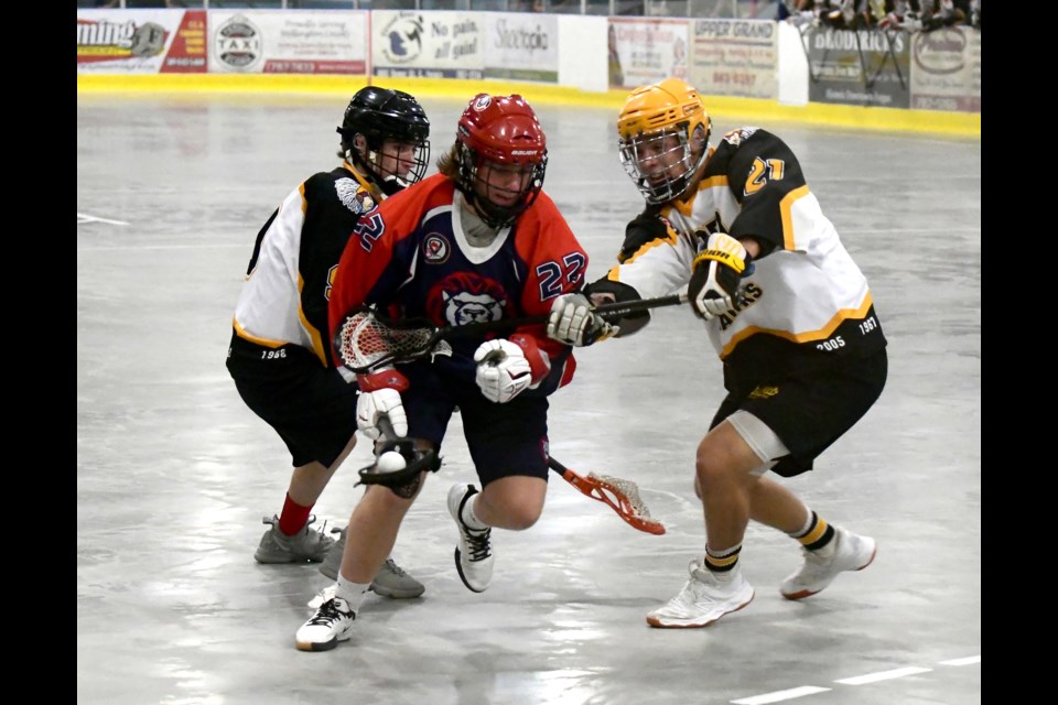 The Guelph Regals and Elora Mohawks battle in a junior B lacrosse exhibition game at the Centre Wellington Community Sportsplex in Fergus. The Ontario junior B league cancelled its 2020 and 2021 seasons due to the COVID-19 pandemic.