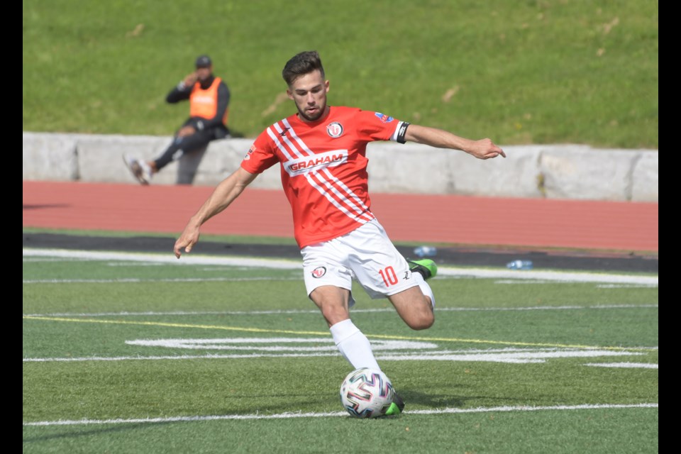 Striker Jace Kotsopoulos of Guelph United FC gets set to take a shot during League1 Ontario Men's Premier division play at Alumni Stadium. Kotsopoulos leads the league with 12 goals in eight games.