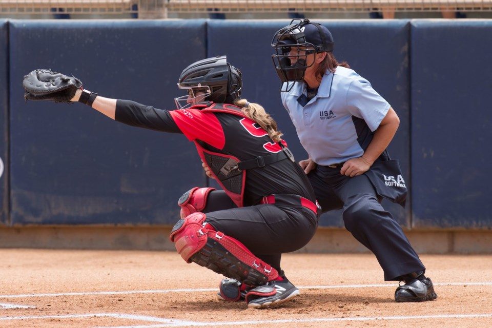 Canadian catcher Kaleigh Rafter of Guelph puts her glove up to catch a pitch during international softball play. The 34-year-old is to wrap up her competitive playing days at this year's Olympic Games in Tokyo.