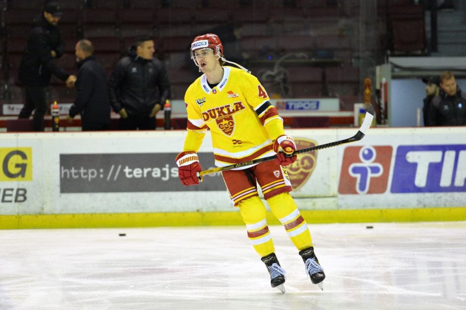 Guelph's Patrick Kudla of Dukla Trencin skates in a warmup for a Slovakian Tipsport Hockey League match. Kudla leads the team's defencemen in scoring.