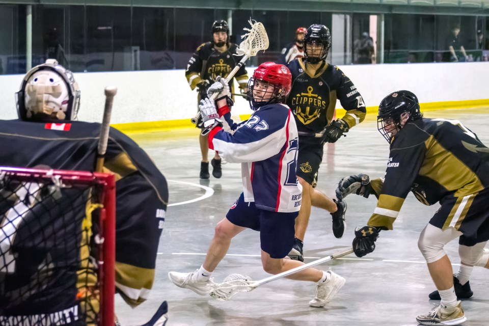 Marcus Keleher (22) of the Guelph Regals moves in for a shot against the Windsor Clippers in Ontario Junior B Lacrosse League play at the Victoria Road arena this season. Keleher decided to use his final season of junior lacrosse eligibility with his hometown team and it resulted in him winning the league's scoring title.
