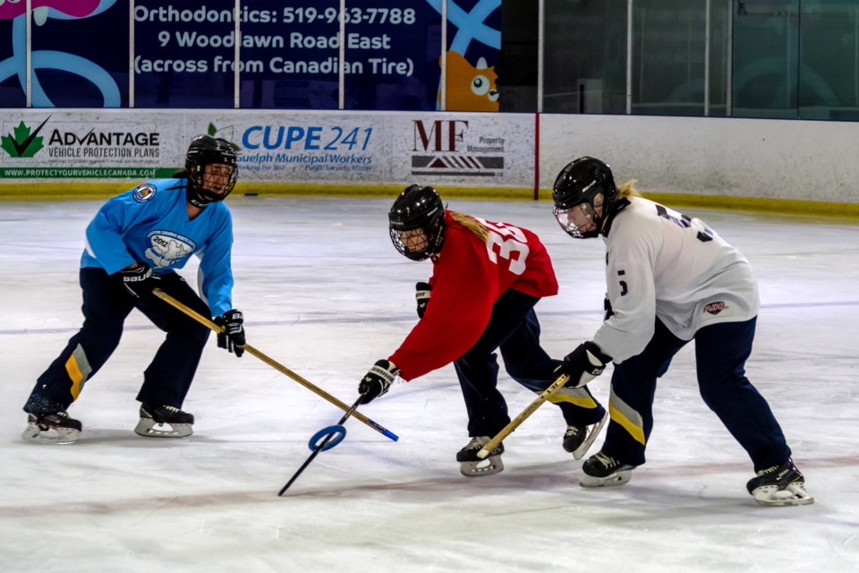 Members of the Guelph Predators Ringette Association under-19A squad skate in a drill during a recent practice session at the Victoria Road arena. The Predators were silver medalists in the provincial championship tournament and are to be one of two Ontario representatives in the Eastern Canadian championship tournament in Charlottetown in April.
