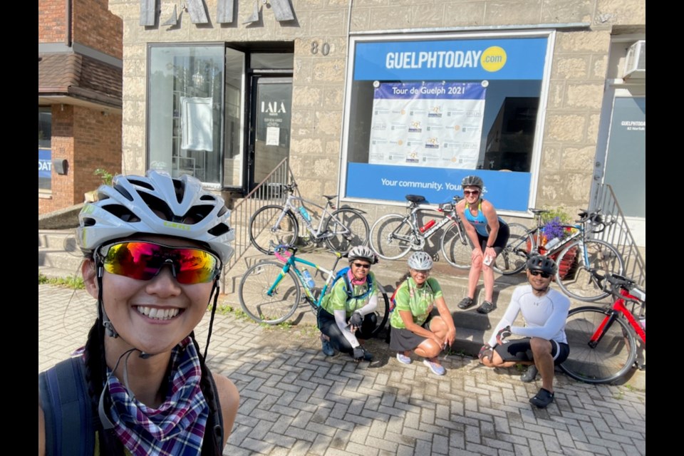 The Dashing Divas team take a quick photo in front of the GuelphToday office while on their ride