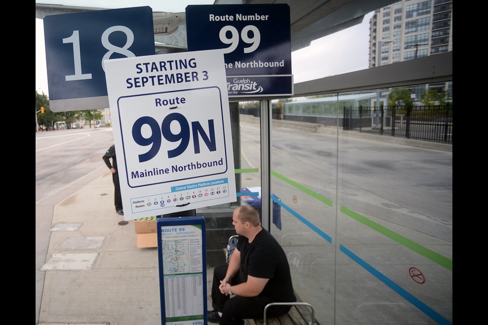 A passenger waits for the new 99 Mainline bus at Central Station Sunday, Sept. 3, 2017. Tony Saxon/Guelphtoday