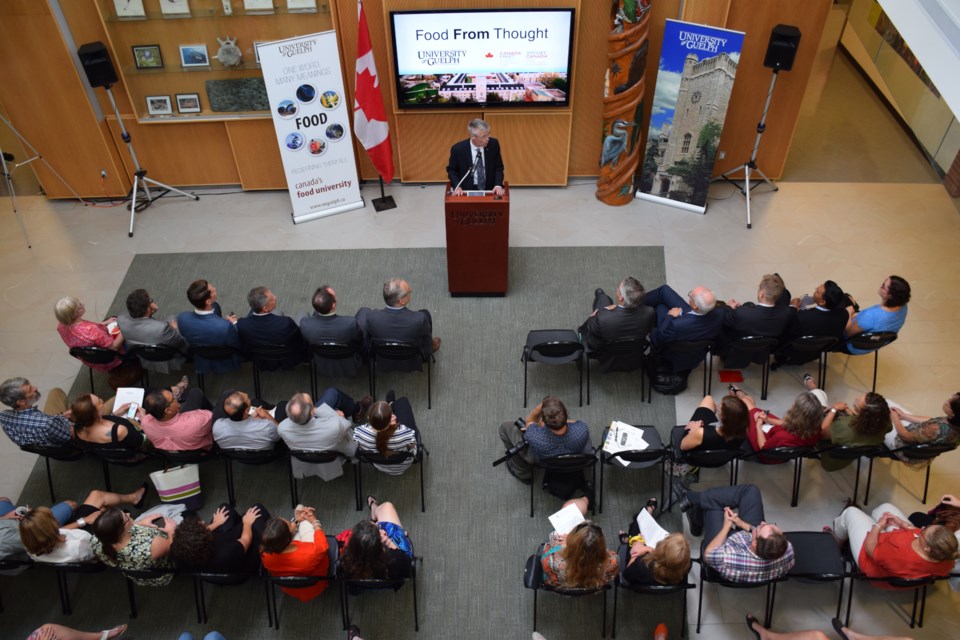 An atrium in the Biodiversity Institute of Ontario was crowded for the announcement of nearly $77 million in federal research funding. (Rob O'Flanagan/GuelphToday)