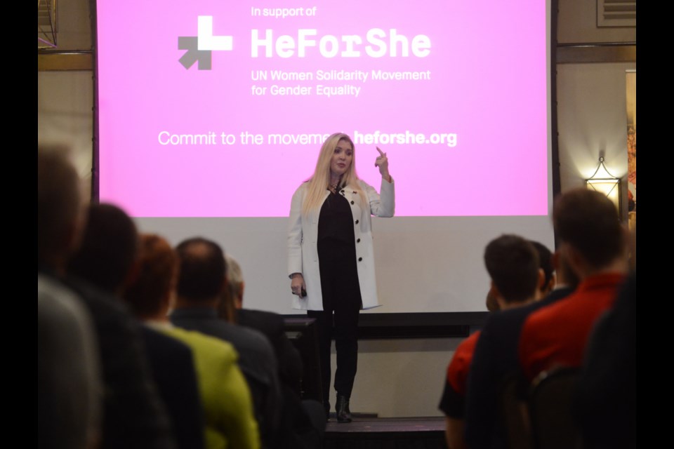 FedEx Express Canada president Lisa Lisson speaks at the HeForShe event at Cutten Fields Wednesday. Tony Saxon/GuelphToday