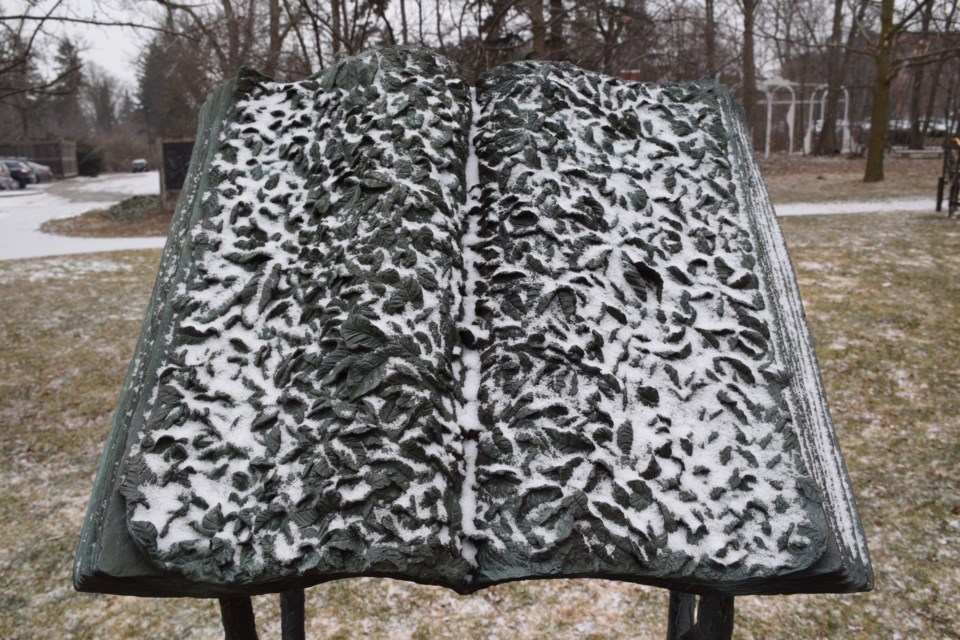 The leaves of Jane Buyers' "Agricultura," part of the Donald Forster Sculpture Park at the Art Gallery of Guelph, collect fresh snow. Rob O'Flanagan/GuelphToday 