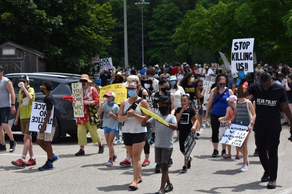 Hundreds poured out of Victoria Park to march through Fergus. Keegan Kozolanka/GuelphToday