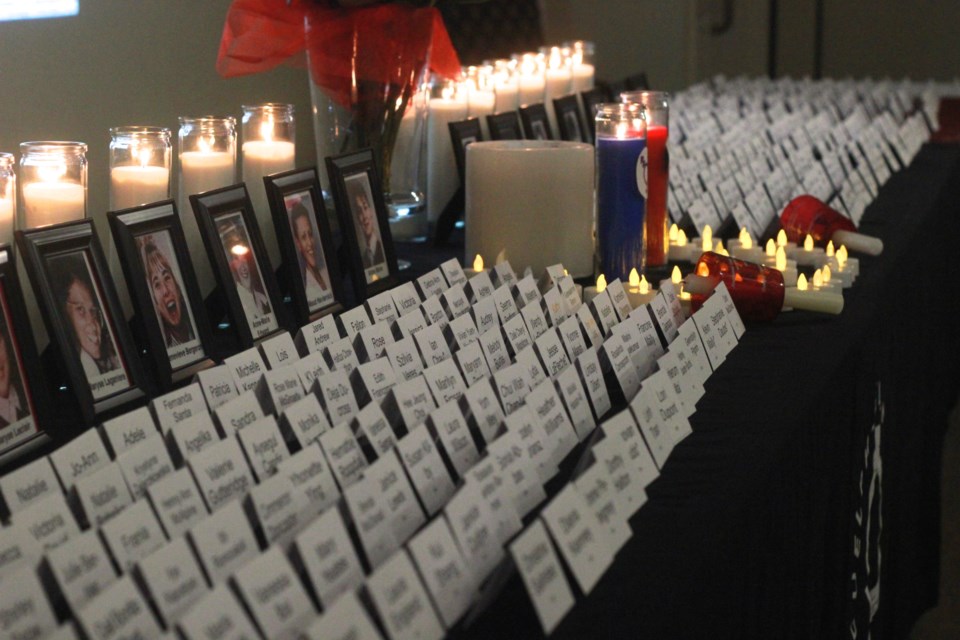 Names of women lost in Ontario along with the names of 14 women killed in Montreal are remembered during an Femicide vigil in 2019 at the Gilbert MacIntyre and Son Funeral. 