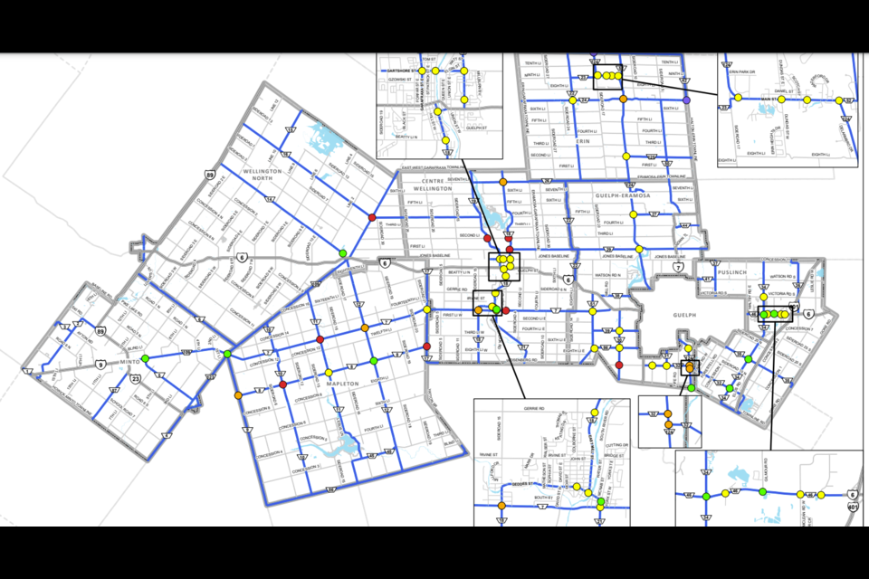 A map of the proposed roundabouts across Wellington County. Red is proposed roundabout, orange is an existing traffic signal proposed to be changed to a roundabout, purple is proposed traffic signal, yellow is existing traffic signal and green is existing roundabout.