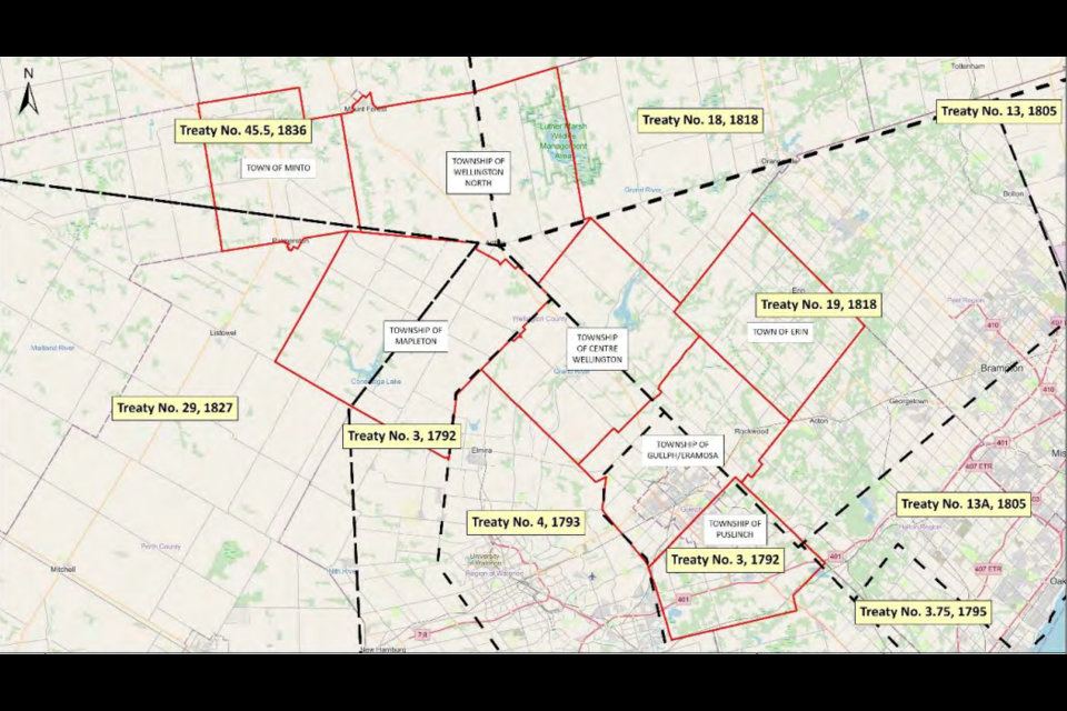 Treaties in Wellington County. Red represents Wellington municipal boundaries while black is a treaty boundary.