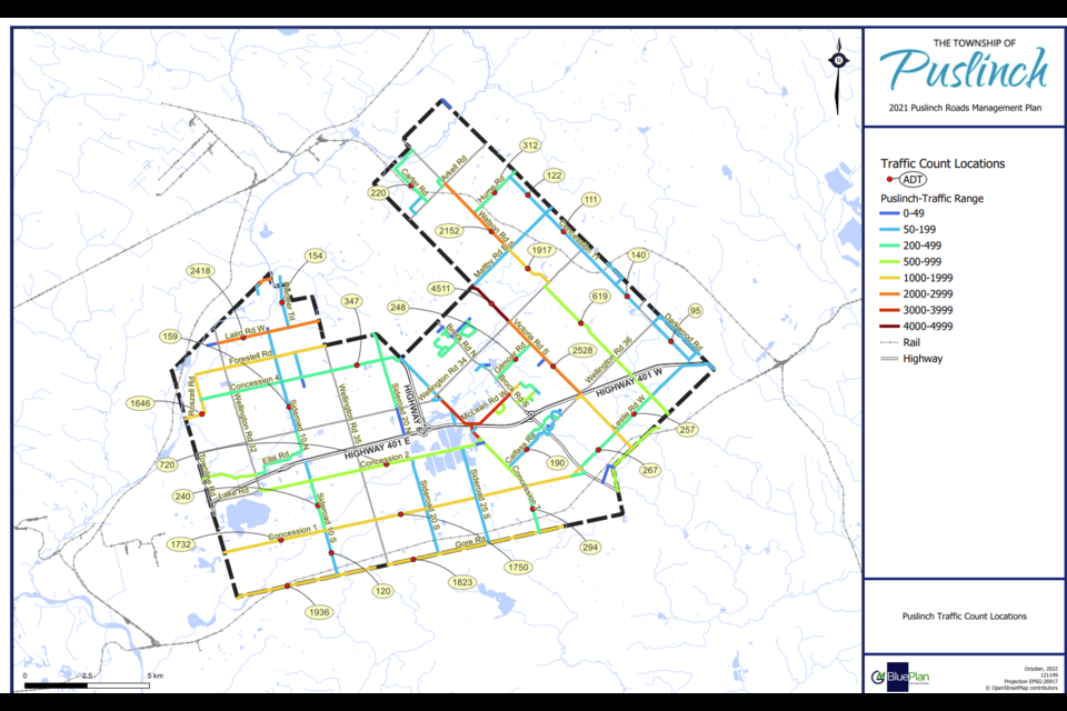 A map of Puslinch traffic volumes