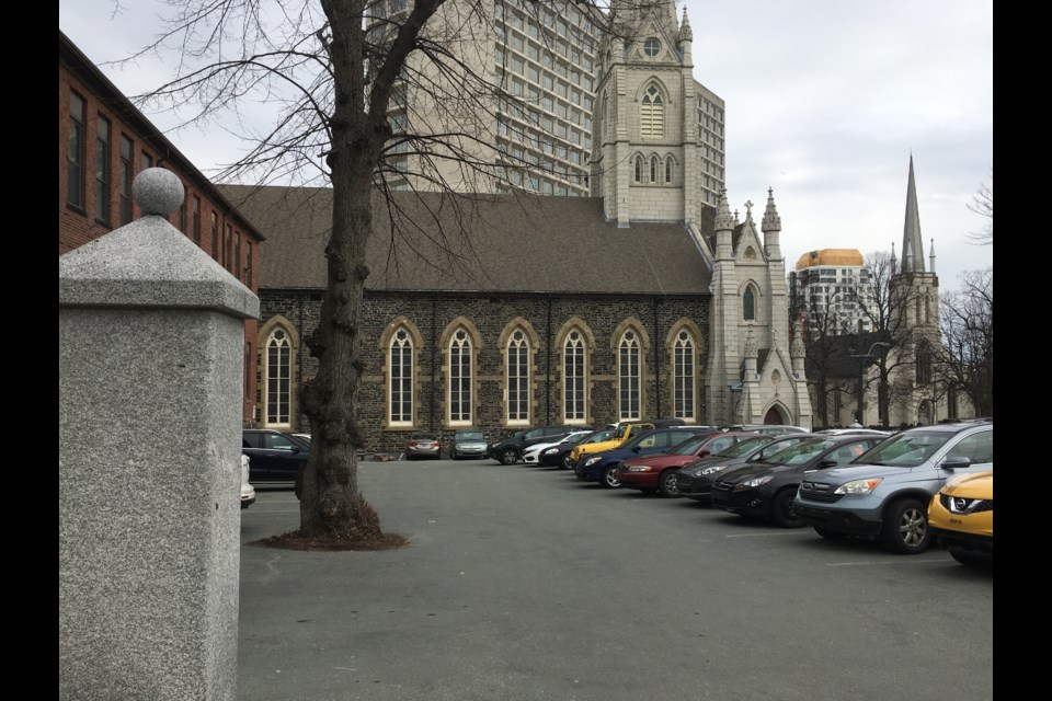 Currently, there is no on-site commemoration or interpretation of the burial ground underneath the Saint Mary's Basilica parking lot. (Photo credit: David Jones)