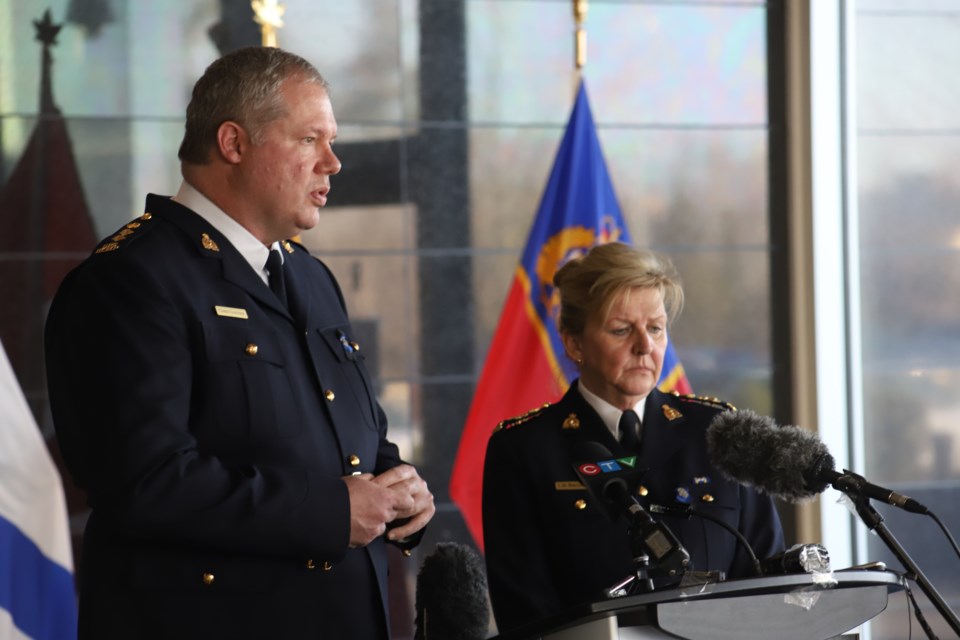 Nova Scotia RCMP’s Commanding Officer, Assistant Commissioner Lee Bergerman and Criminal Operations Officer Chief Superintendent Chris Leather speaks speak to media on April 19 2020. (Photo Victoria Walton/HalifaxToday)