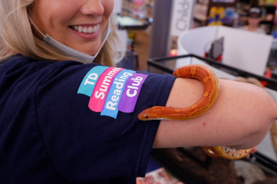 Kyle the corn snake slithers up the arm of Kathleen Anderson, a library associate.