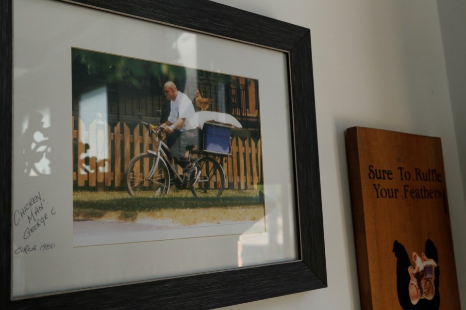 Photo of the Chicken Man that hangs at Furnace Room Brewery.