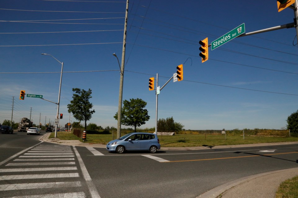 Corner of Eighth Line and Steeles Avenue.