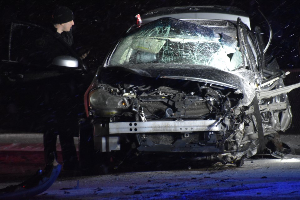 This black truck was involved in a two-vehicle crash on Yonge Street in Innisfil, Sunday evening.