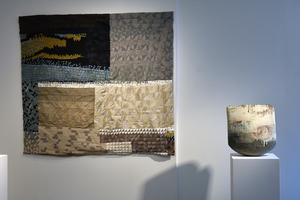 Stunning abstract textile art by Victoria Carley, and sculptural ceramic vessels by Lesley McInally, in new show, Sun through Storm at the Be Contemporary gallery in Stroud. Miriam King/Innisfil Today
