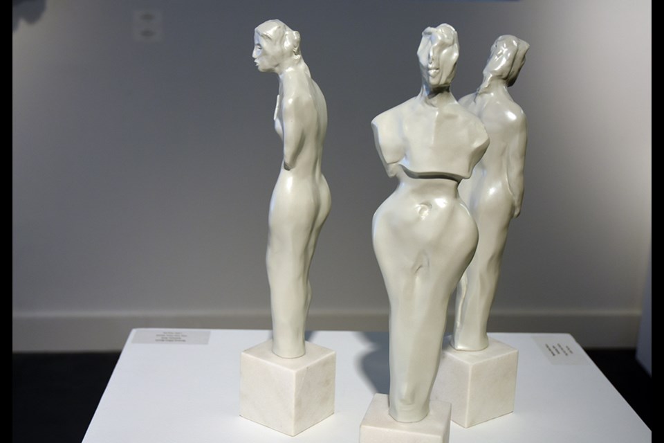 Three figures by Marlene Hilton-Moore — Veil, Succor, Enceinte — bring a sense of the monumental and the mythical to the be contemporary art gallery. Miriam King for InnisfilToday