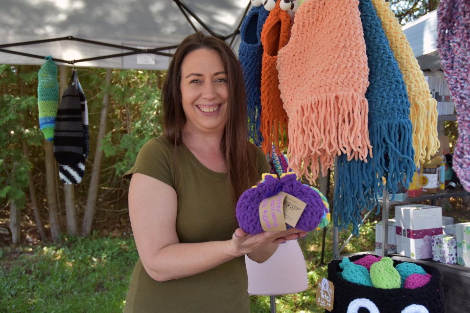 Tanya Foster changed her crocheting to match the season - from winter scarves and toques, to crocheted 'water balloons... The yarn is like a sponge.'
