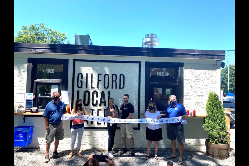 Coun. Rob Nicol, MPP Andrea Khanjin, Mayor Lynn Dollin, and MP John Brassard came out to support Sadie and Anthony Rossano at the grand opening of Gilford Local Eatery on July 10, 2021