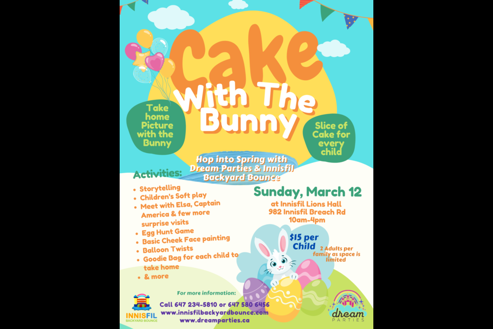Register to attend the Cake with the Bunny event on Sun., March 12, 2023, at Innisfil Lions Hall (982 Innisfil Beach Road) from 10 a.m.-4 p.m.