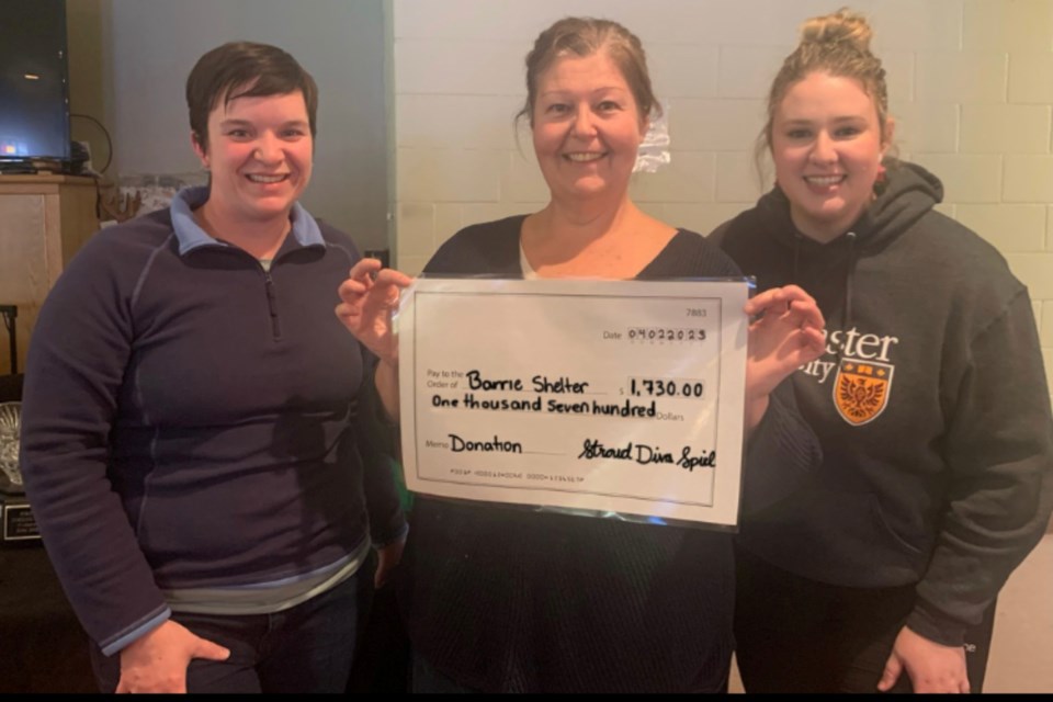 From left, the presentation of proceeds: Janine Hill, ladies co-ordinator; Deb James, representative of the Barrie shelter; and Amy Alksnis, ladies co-ordinator.