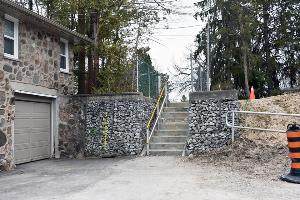 View of the existing stairs, linking Adams Road and Simcoe Blvd. in Alcona. Miriam King/Innisfil Today