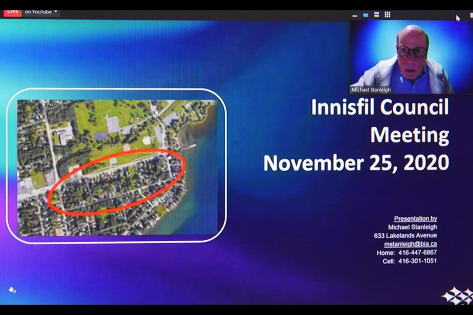 Resident Michael Stanleigh appeared as a delegation before Innisfil Council, to speak against extending a Mixed Use zoning. Screenshot