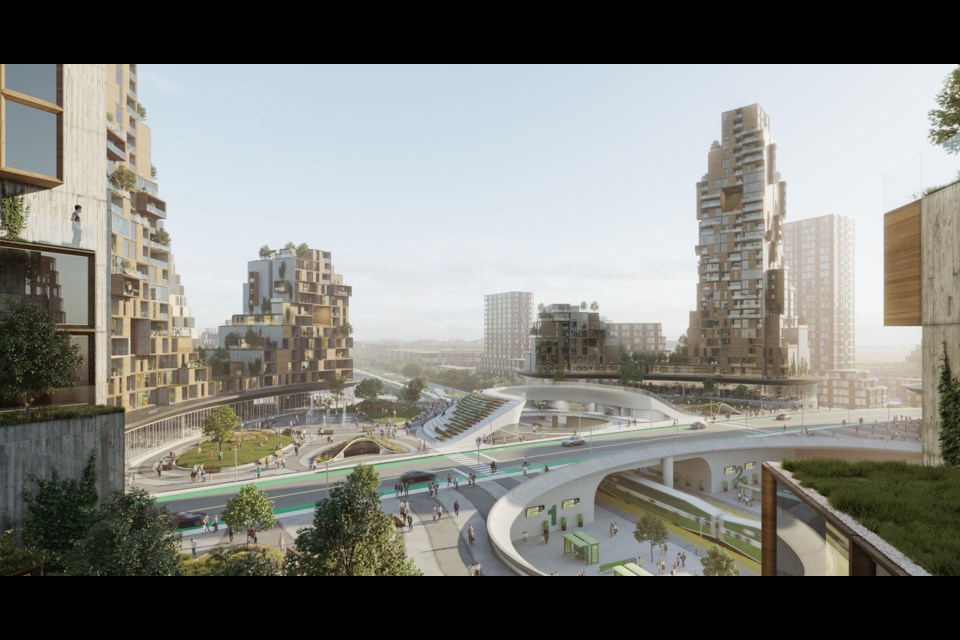 Futuristic rendition of high-density development around the GO train station at the centre of the Orbit. Photo from Town of Innisfil