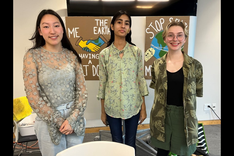 The Lakeshore Branch of the Innisfil ideaLAB & Library offered special events to celebrate Earth Day Saturday. From left: Rosa Yu, Ashmita Sharma, Cara Lintack of Simcoe County Youth Environmental Alliance (SCYEA)