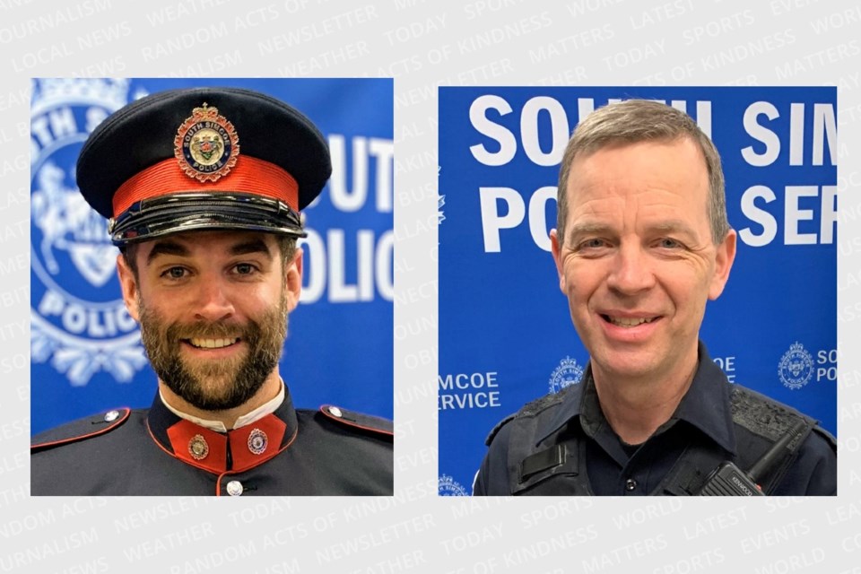 South Simcoe police Const. Devon Northrup (left) and Const. Morgan Russell were killed after responding to a disturbance call at an Innisfil home on Tuesday, Oct. 11, 2022. A joint funeral service will be held Thursday, Oct. 20 at Sadlon Arena in south-end Barrie. 