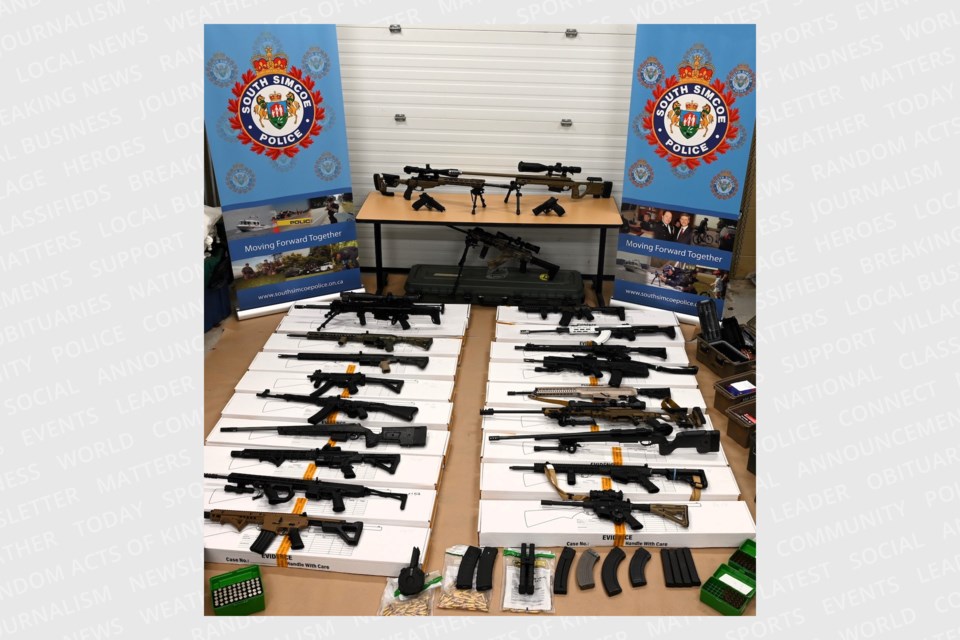 Police seized 20 firearms, a large quantity of ammunition (about 5,000 rounds), and various prohibited devices including high-capacity magazines during the execution of a search warrant in Innisfil on Tuesday, March 5, 2024