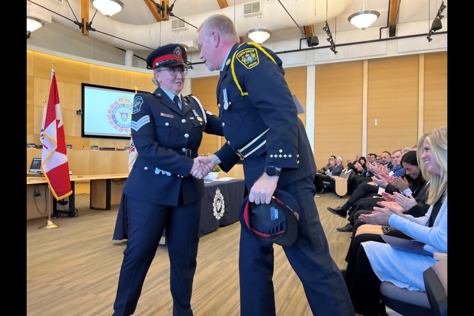 South Simcoe Police Association (SSPA) president and Acting Staff Sgt. Leah Thomas and Chief John Van Dyke at the swearing-in ceremony on Thursday at Innisfil Town Hall.