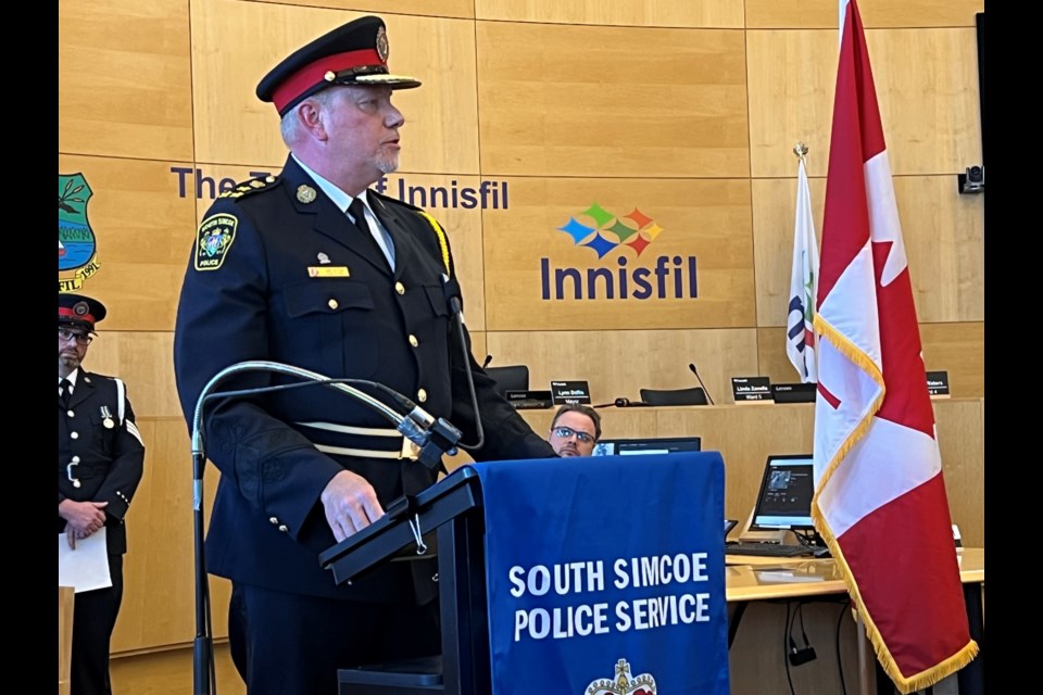 Chief John Van Dyke was sworn in as the South Simcoe Police Service's Chief of Police on Thursday, March 9, 2023, at Innisfil Town Hall.