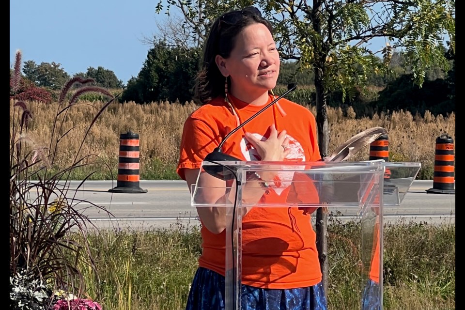 Samantha Kinoshameg, executive director of the Barrie Native Friendship Centre, speaks Friday during a ceremony in Innisfil to mark the National Day for Truth and Reconciliation.