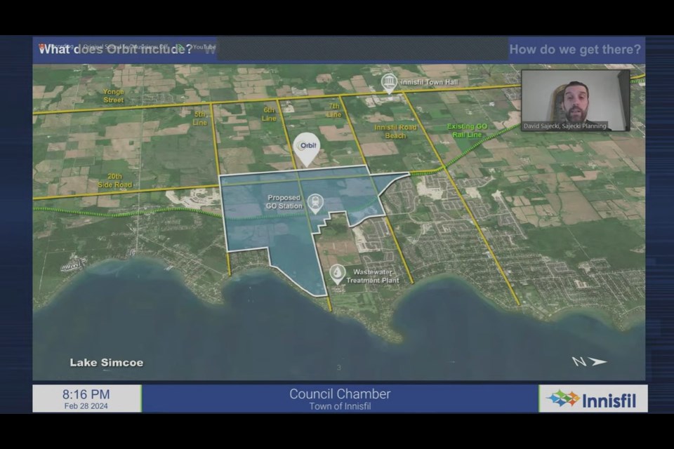 An overview of the area covered by the proposed Orbit development, highlighted, as seen by Innisfil councillors during their virtual meeting Feb. 28.