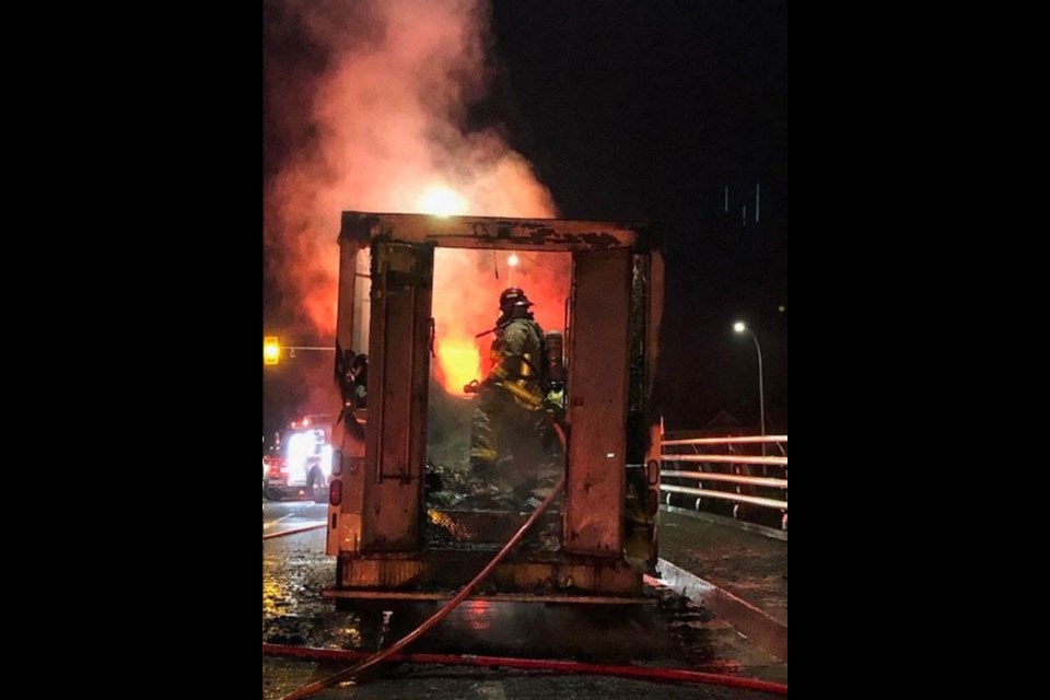 A Doritos truck caught fire this morning on the Millstream overpass in Langford. (via Langford Fire)