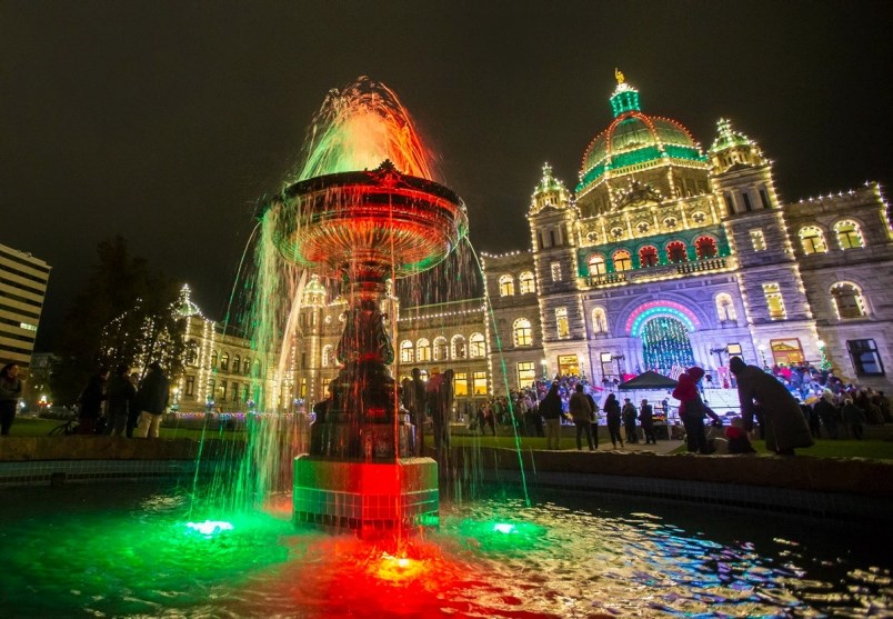 Colourful lights glow at the B.C. legislature. Dec. 5, 2019. (via Darren Stone, Times Colonist)