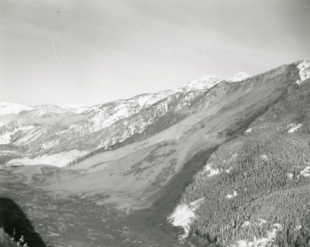 Aerial view of the Hope Slide looking westward, January 1965. Photo via Tran BC