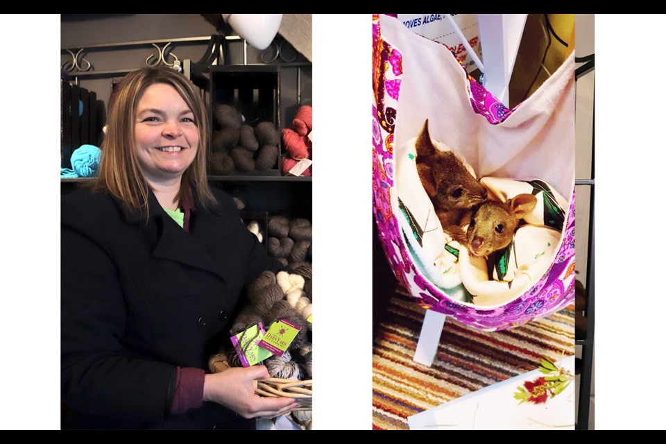 Nicole Link of the yarn shop, and Willow and Oak, two young Kangaroos in a homemade pouch. (via Brendan Kergin and Ella Jung)