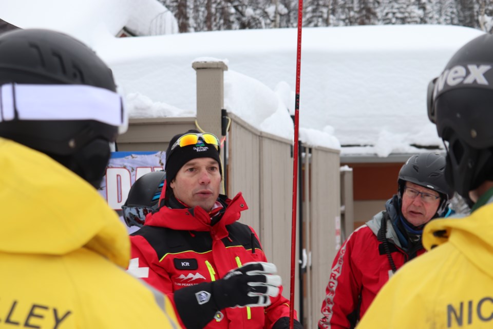 Kit Nilsson, avalanche forecaster for Sun Peaks Resort, did most of the presentations in the morning. Here he demonstrates probing techniques. (via Eric Thompson)