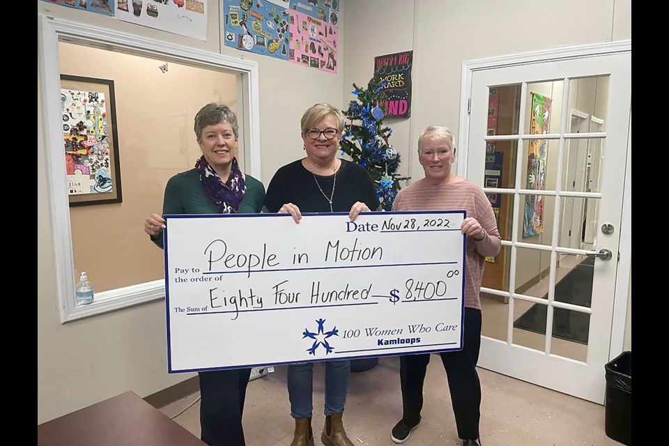 Members of 100 Women Who Care - Kamloops recently made a donation to People in Motion. Co-founders Maryanne Bower (left) and Bobbie Harrison (right) present executive director Deb Delyzer with a cheque for $8,400. Since 2014, the women's philanthropic group has raised over $285,000 for local charities in the Thompson-Nicola Regional District.
