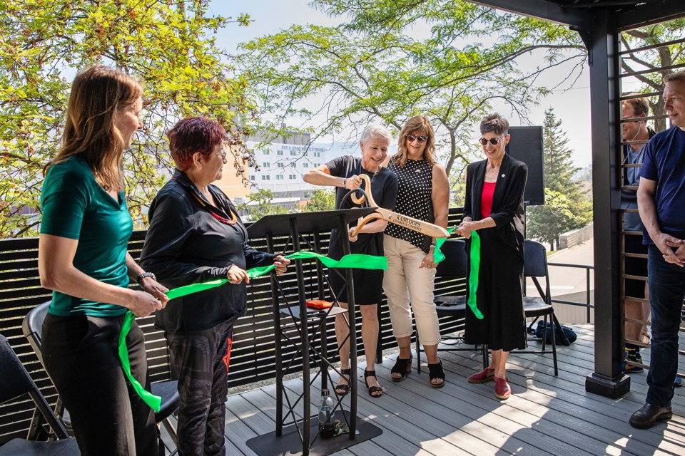 (l to r) Interior Health's Jessica Bridgeman (left) and elder Freda Jules join Day One Society executive director Sian Lewis (centre), Interior Health director of mental health Carla Mantie and Day One Society board of directors president Marilyn McLean to officially open the new youth detox wing on June 26, 2023.