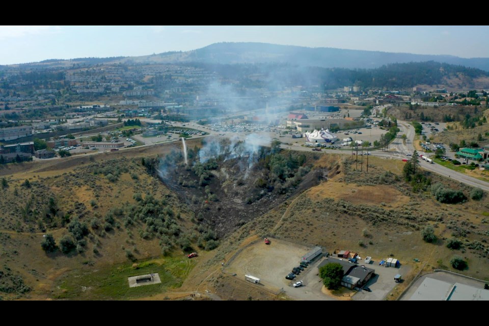 Mastermind Studios caught this bird's eye view of Wednesday's grassfire, which was near their office. The fire burned up a hillside to the edge of Hillside Way. A fire engine can be seen dumping water on the blaze from Hillside Court. Kamloops Fire Rescue had the fire knocked down in about an hour.