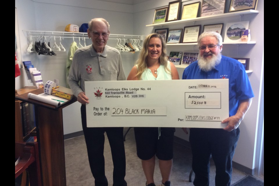 local elks donation well-received by local black maria cadets:
The Kamloops Elks Lodge No. 44 has donated $2,500 to the 204 Black Maria Cadets. Elks lodge past-president Mike Wolansky (left) presents Christy Campbell, chair of the parent council for Black Maria 204 with a cheque, along with Elks lodge president Vaino Pennanen, President of Kamloops Elks Lodge.
