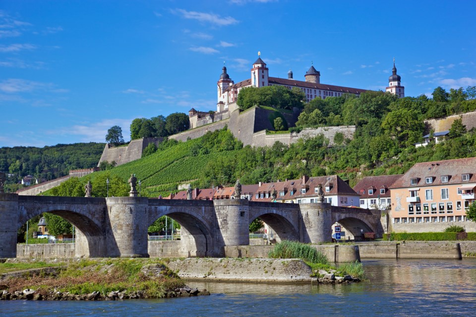 Germany’s Wurzburg Marienburg fortress, high above the old bridge, dominates the city landscape.